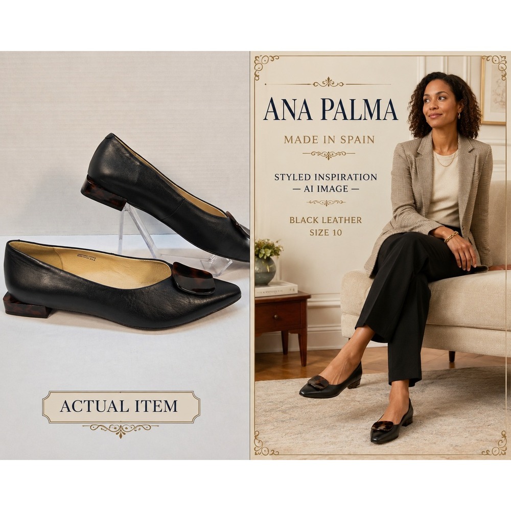 Ana Palma Leather Flats Womens 40 Black Excellent Tortoise‎ Buckle Pointed Toe